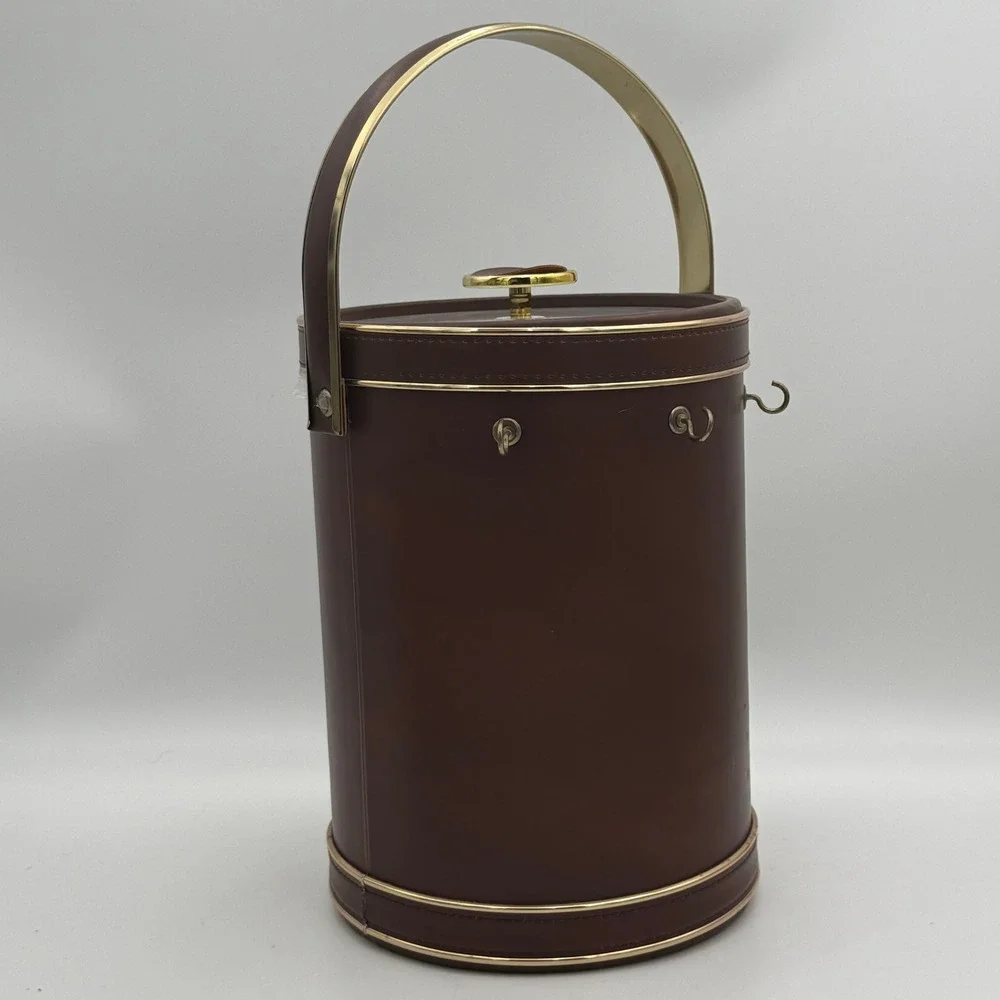 Vintage Barware Brown Faux Leather Ice Bucket Gold Trim Insulated with Lid